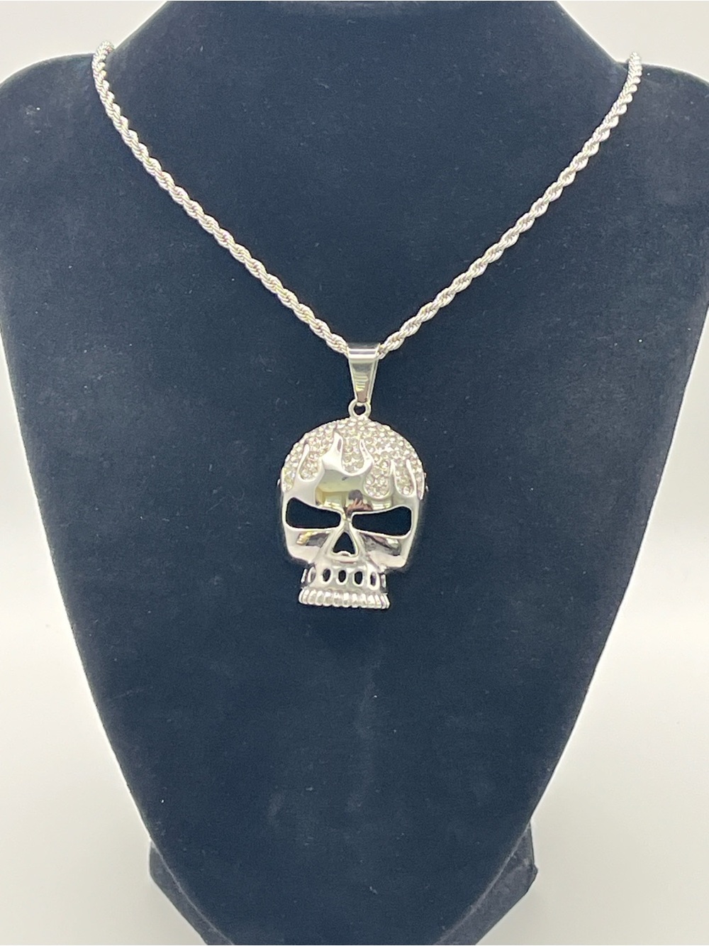 24”, Stainless Steel Crystal Skull Pendant Necklace